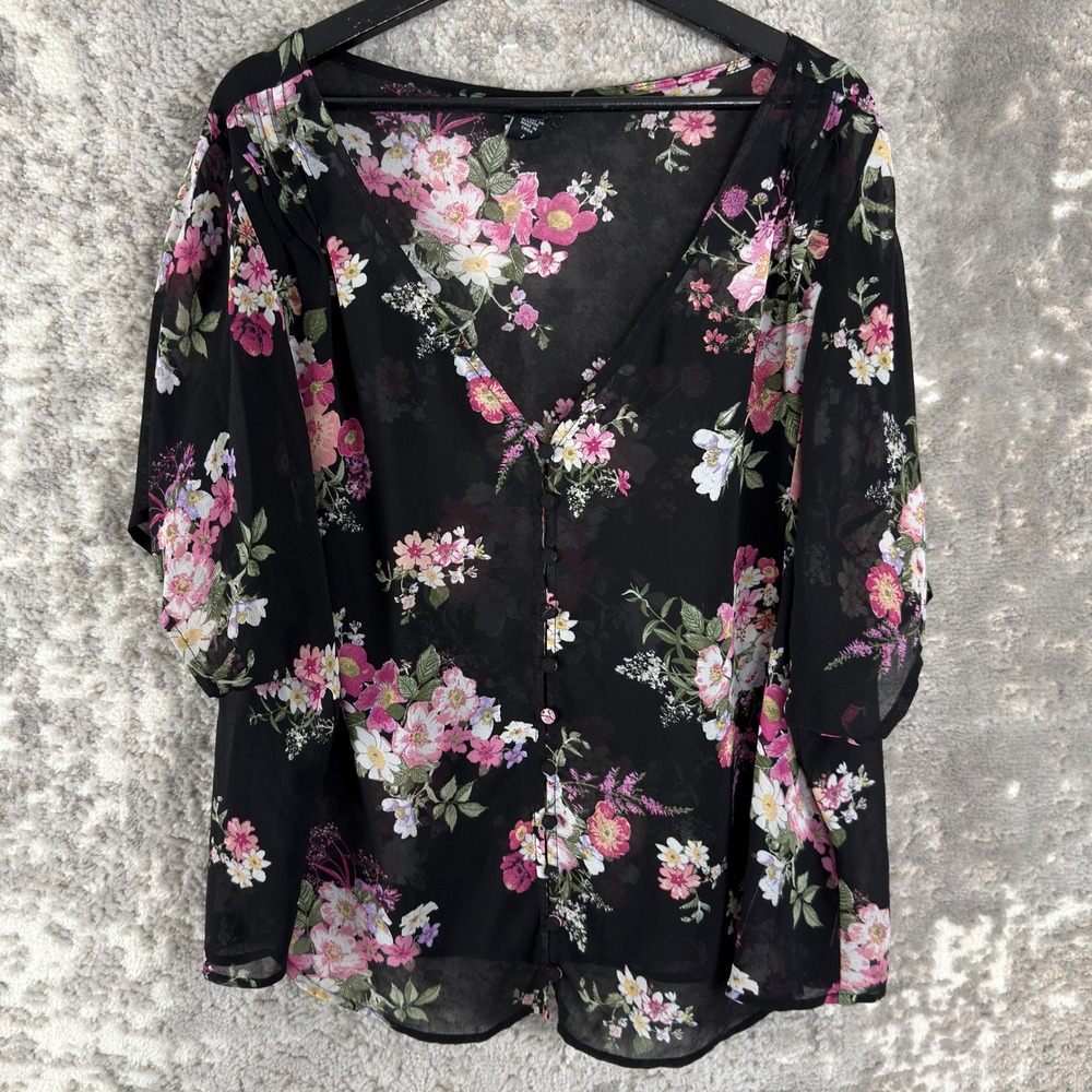 Torrid Plus Size 2 Floral Button Chiffon Kimono Blouse Black Short Sleeve Women